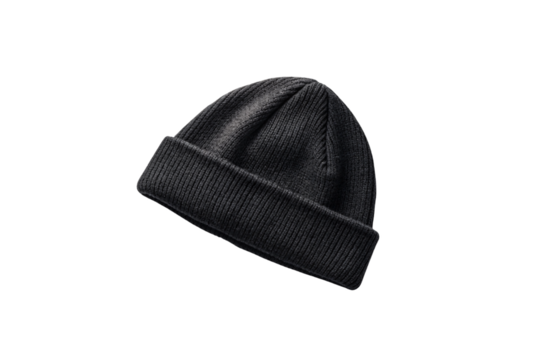 Dark charcoal ribbed knit beanie hat with folded cuff, winter accessory, isolated on a transparent background