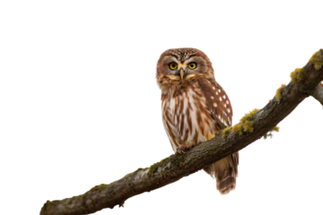 Small brown owl with bright yellow eyes perched on diagonal moss-covered branch in alert pose, isolated on a transparent background