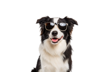 Border Collie dog wearing aviator sunglasses with mouth open in happy expression and fluffy coat, isolated on a transparent background