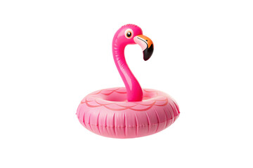 Bright pink flamingo pool float ring with curved neck and black-tipped orange beak design, isolated on a transparent background