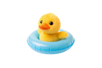Yellow plush duckling sitting in small blue inflatable ring with adorable fuzzy texture, isolated on a transparent background