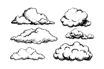 Cloud Puffs Vector Engraving Set. Detailed Monochrome Sky Elements. Vintage Stipple & Hatching Style Icons & Symbols