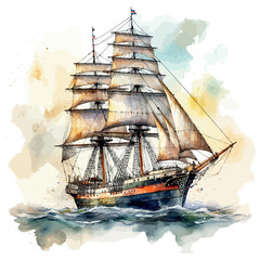 A vintage pirate frigate sails the vast ocean, its tall mast cutting through the sky on an adventurous marine voyage