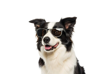 Smiling black and white Border Collie dog wearing trendy aviator sunglasses looking directly at camera, isolated on a transparent background