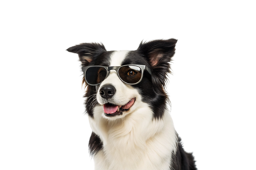 Smiling black and white Border Collie dog wearing trendy aviator sunglasses looking directly at camera, isolated on a transparent background