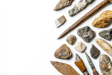 High Detail Picture of Stone Age Tools and Fossils Isolated on White Background