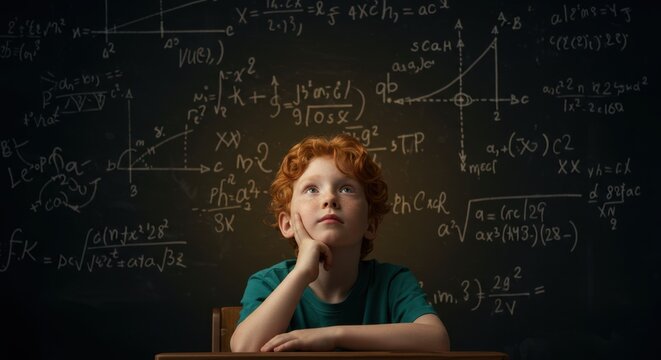 Thoughtful ginger student contemplates complex math equations on a chalkboard in a classroom setting