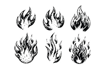 Fire & Flame Shapes Vector Engraving Set. Detailed Monochrome Abstract Illustrations. Vintage Stipple & Hatching Style Icons & Symbols