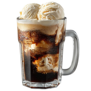 Delicious root beer float with creamy vanilla ice cream in a glass mug isolated on transprint background