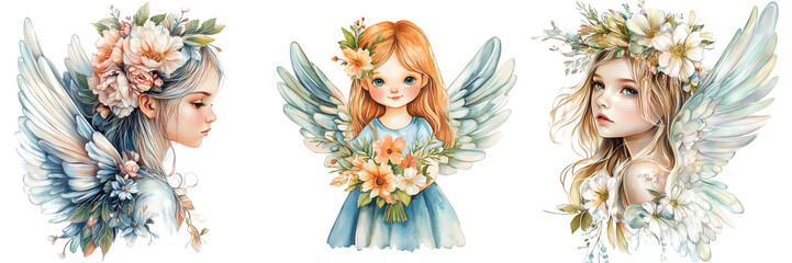 Set of A beautiful watercolor painting of a Christmas angel child with soft feathery wings on transparent png background. Ai generated