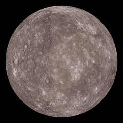 Mercury the smallest and innermost planet in our solar system, showing its heavily cratered surface isolated on black background.