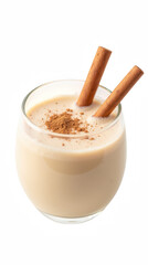 Creamy beverage with cinnamon sticks and sprinkle of spice, perfect for cozy moments
