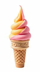 Delicious ice cream cone with swirls of pink and yellow soft serve, served in classic waffle cone, perfect for warm day