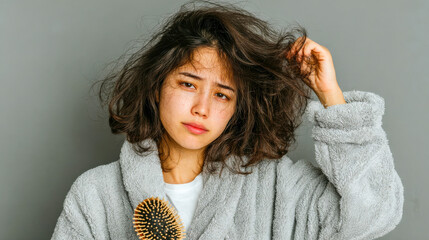 Young woman with messy, tangled hair looking frustrated while holding a hairbrush, conveying hair care problems and morning struggle