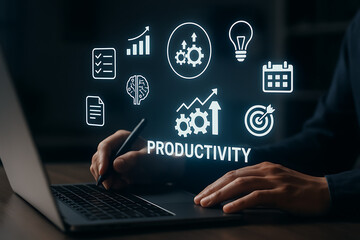 Holographic productivity icons floating above a laptop, representing business efficiency, innovation, data analysis, and task management solutions