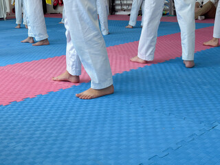 Legs of barefoot martial arts students in white uniforms standing on a colorful tatami mat during...
