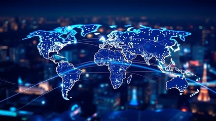 Blue world map with glowing dots and connecting lines over a blurred cityscape at night time
