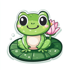 Obraz premium A delightful cartoon frog with big eyes and a gentle smile, sitting on a green lily pad beside a pink lotus flower.