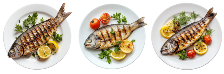Set of Close-up of a mouthwatering grilled fish fillet with crispy golden skin, decorated with lemon wedges, dill on transparent png background. Ai generated
