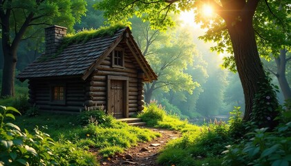 Sun-Drenched Rustic Cabin in Lush Green Forest Clearing Idyllic Summer Escape