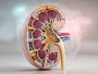 3D-rendered kidney cross-section with labeled, color-coded parts on a clean clinical background with soft glow.