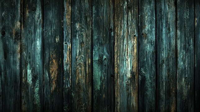 A weathered wooden fence with a dark teal and brown color scheme, featuring vertical planks and a rustic texture.