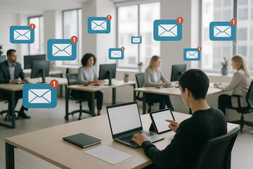 Busy digital workspace with professionals using laptops and tablets, surrounded by floating email icons signifying a high volume of unread messages and productivity