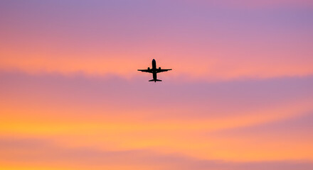 Airplane silhouette against sunset sky during golden hour, capturing the beauty of travel and aviation.
