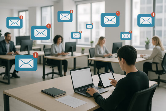 Busy digital workspace with professionals using laptops and tablets, surrounded by floating email icons signifying a high volume of unread messages and productivity