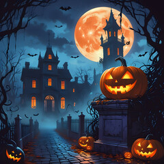 Fototapeta premium Spooky Halloween Night with Glowing Pumpkins and Haunted Mansion