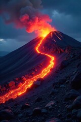 Molten Lava Flowing Down Volcanic Slope at Night, Dramatic Eruption Scene of Intense Glowing Hot Fiery Destruction