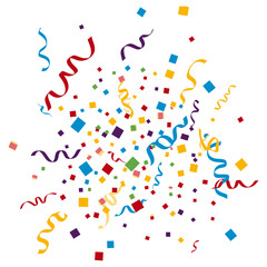 Colorful confetti and party streamers celebrate a happy occasion with heart shapes and fun designs