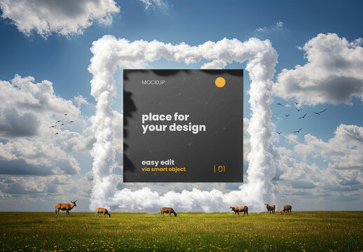 Square Image Mockup on the Sky above Filed with Animals