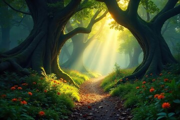 Sun-dappled path winds through a mystical enchanted forest, ancient trees draped in moss, glowing flora illuminating the way Discover the magic , foliage, leaves, branches