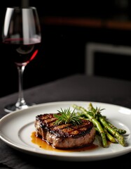 Grilled steak with asparagus and red wine glass on elegant dining table