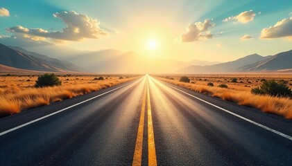 Sun-Drenched Asphalt Ribbon A Journey of Open Road Freedom Across Summer Landscapes