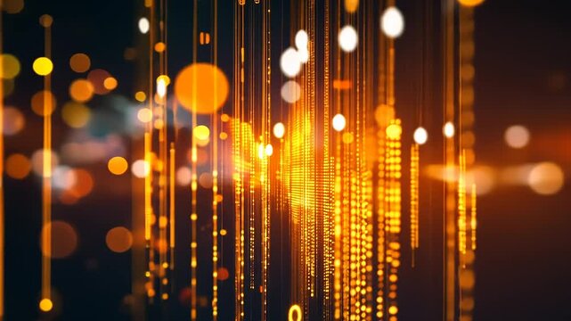 Abstract Digital Data Stream: Glowing Orange and Gold Binary Code Visualization
