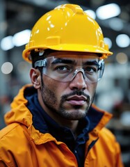 Hispanic male engineer in hard hat and safety goggles at industrial worksite