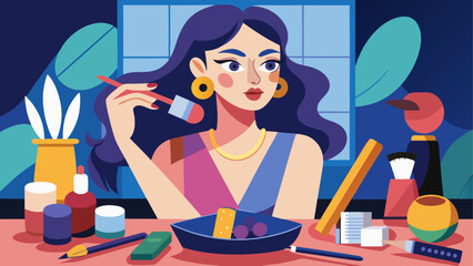 Elegant woman with dark wavy hair applying makeup at night, surrounded by beauty tools and cosmetics in a stylish room