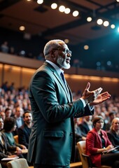 Obraz premium Mature african male speaker on stage engaging audience at business conference