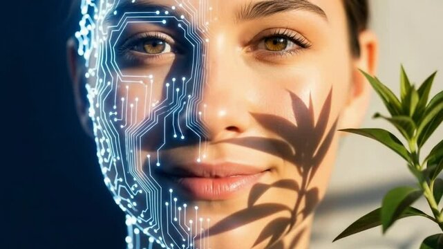 Human Face Split with AI Circuit and Nature Shadow &ndash; Balance Between Tech and Humanity