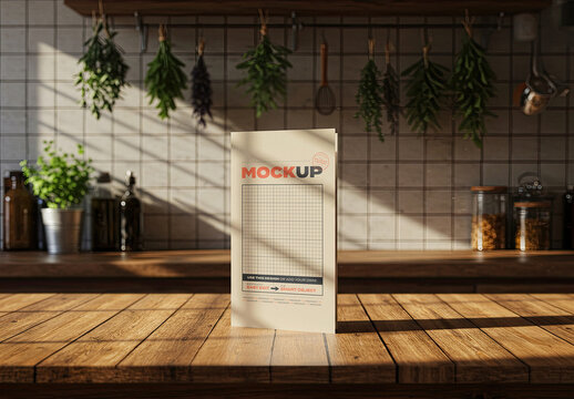 Stand Flyer Menu Mockup on Kitchen