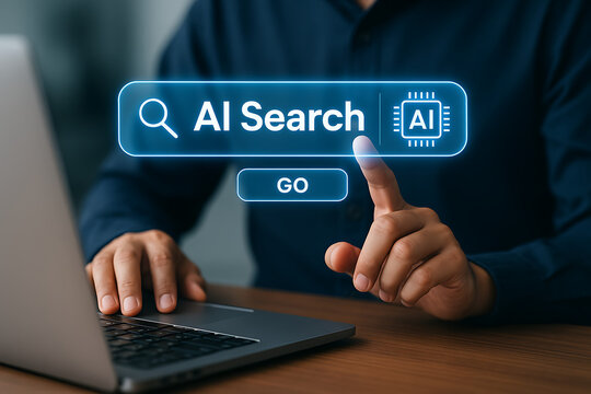 AI search interaction, a finger points to a glowing artificial intelligence search bar on a screen, signifying advanced smart technology and future-driven online queries
