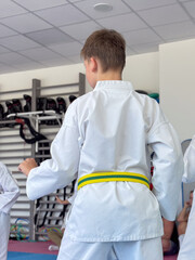 Rear view of a boy in a white karate gi with a yellow belt practicing in a dojo during a training...