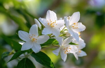 Obraz premium Delicate white blossoms gleam softly in the sunlight, a tranquil scene of springtime nature's gentle beauty.
