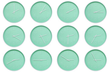 Collection of mint green wall clocks with white numbers and hands, each showing a different time 02:00 to 02:55 or 14:00 to 14:55. Perfect for concepts related to time, routine