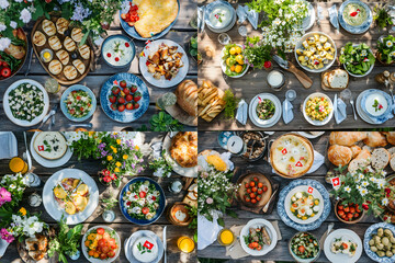 Fototapeta premium Set of rustic wooden table with assorted traditional Swiss dishes, small Swiss flag decorations on toothpicks in dishes, fresh flowers and greenery around