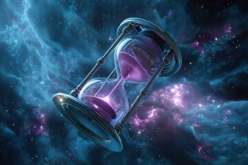 Time flows through a cosmic hourglass in a vibrant universe filled with stars and color variations
