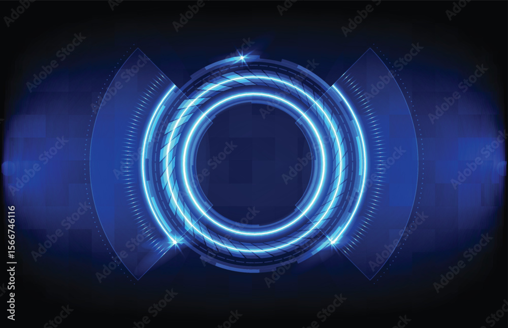 Fototapete a blue tech graphic with luminous concentric circles partial wheel outlines and a dark pixelated gra