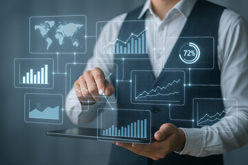Interactive data analysis presentation by a professional holding a tablet, with overlaid holographic charts, graphs, and a world map illustrating comprehensive business intelligence insights